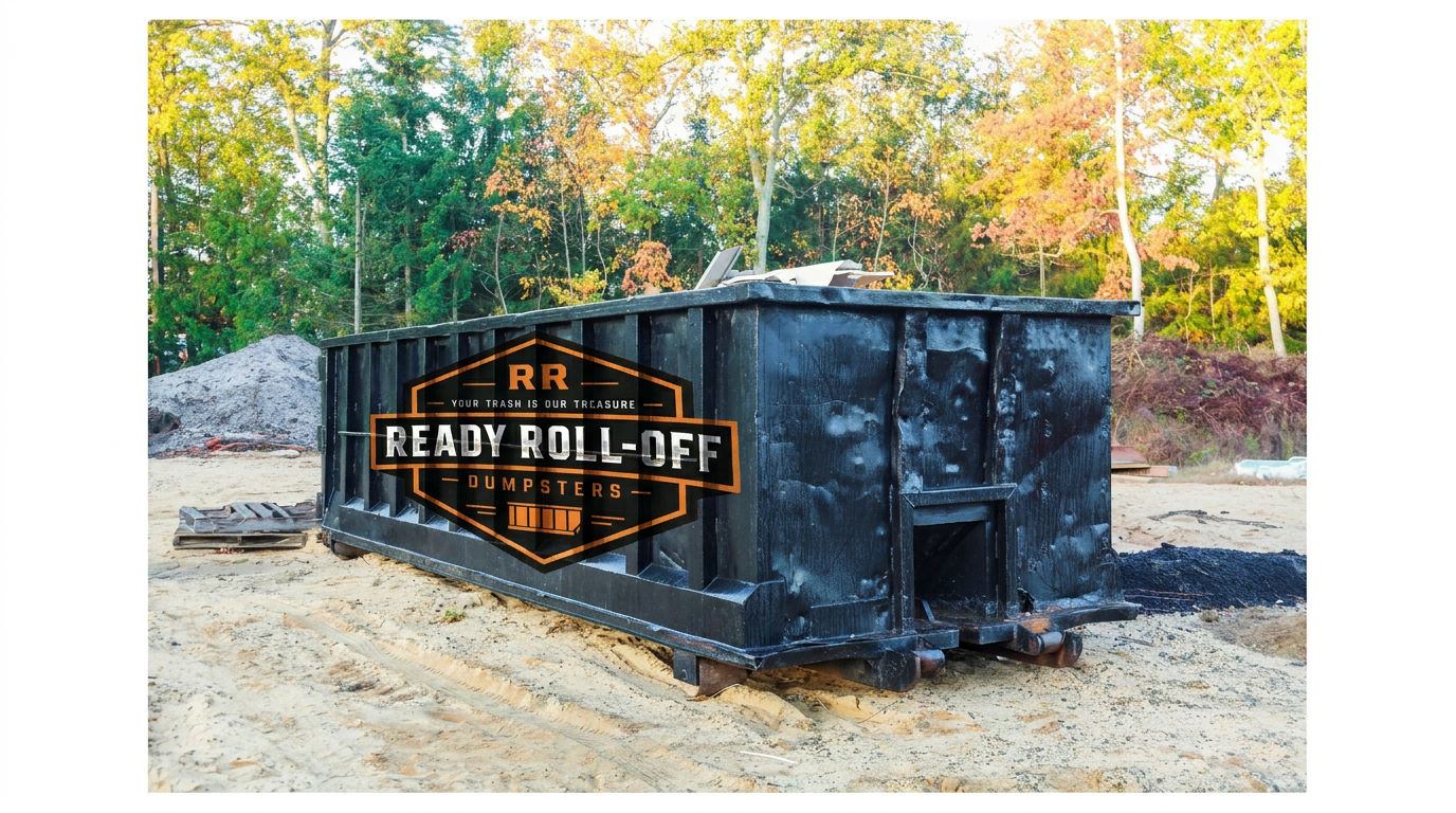 Orange roll-off dumpster on a residential driveway